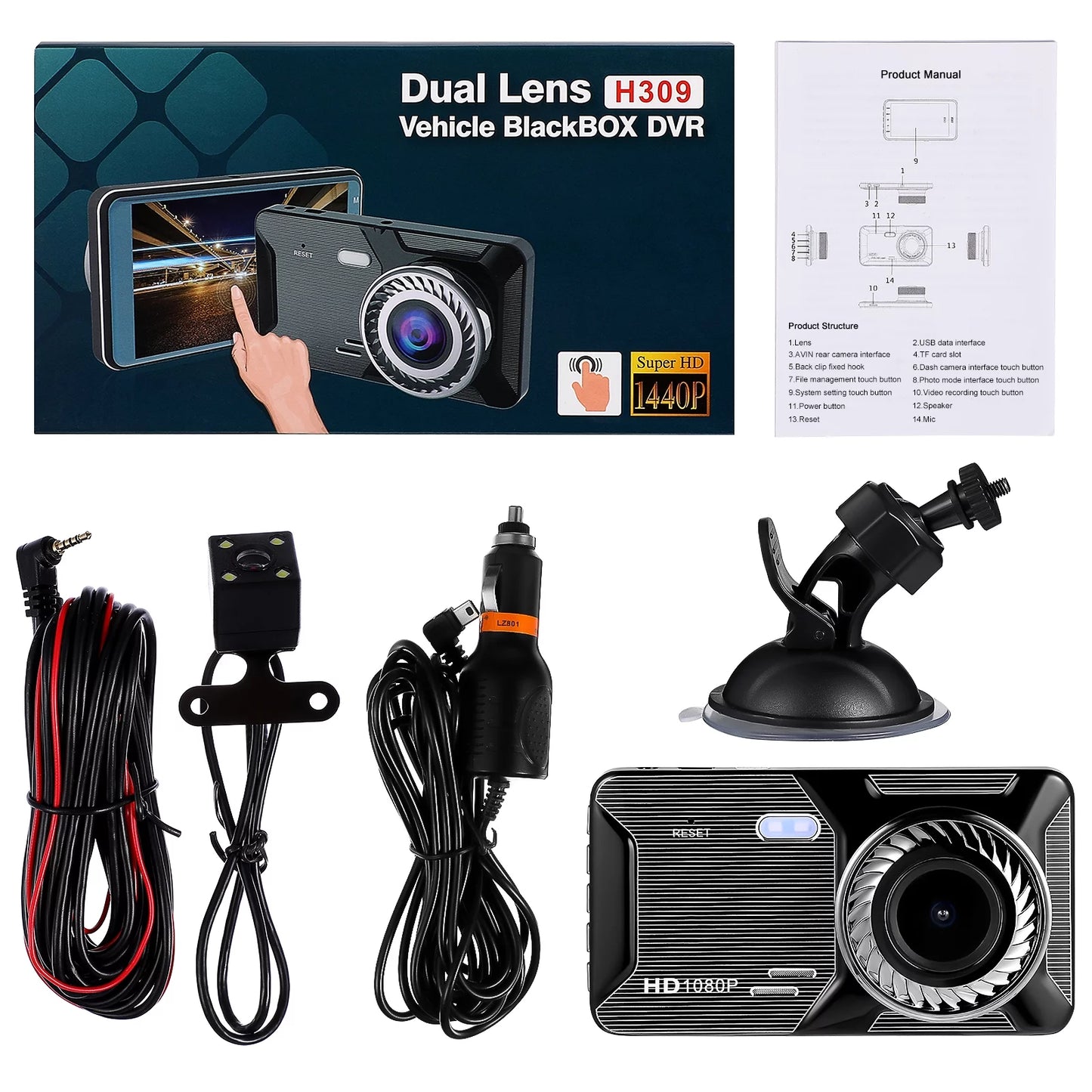 HD 1080p Dash Cam with Rear View Camera